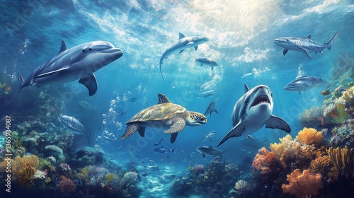 A group of dolphins hunting fish, with a bait ball forming around them. A shark chasing a school of tuna, creating a thrilling motion effect. A sea turtle escaping from a tiger shark, a tense moment