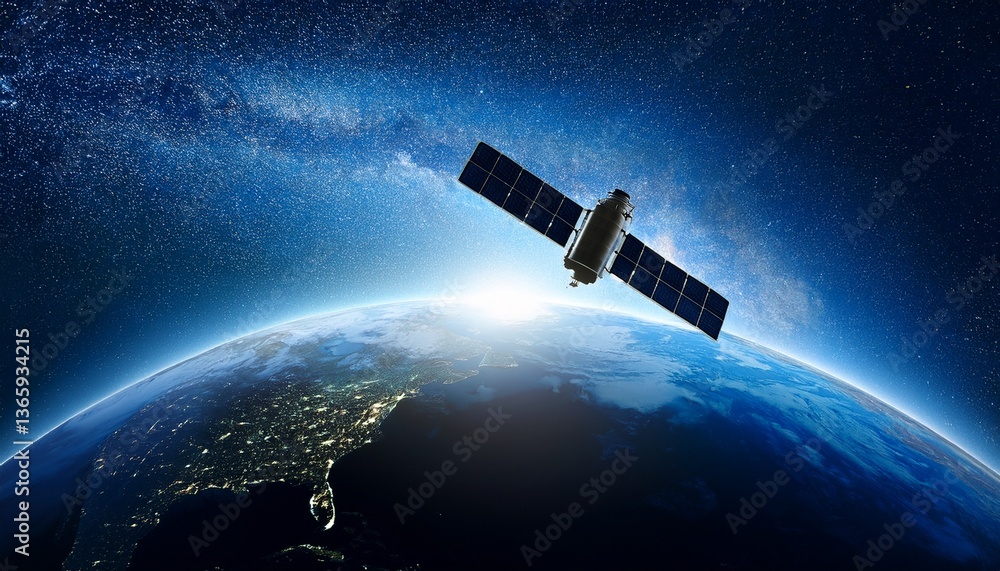 Obraz premium Silhouette of a satellite floating against the backdrop of the Earth