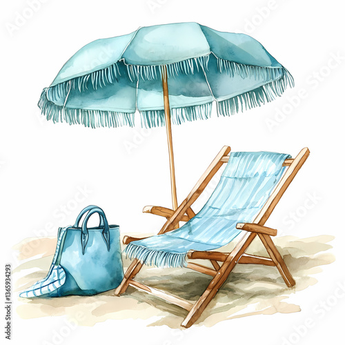 Seaside Bliss Watercolor Beach Scene with Umbrella and Lounge Chair