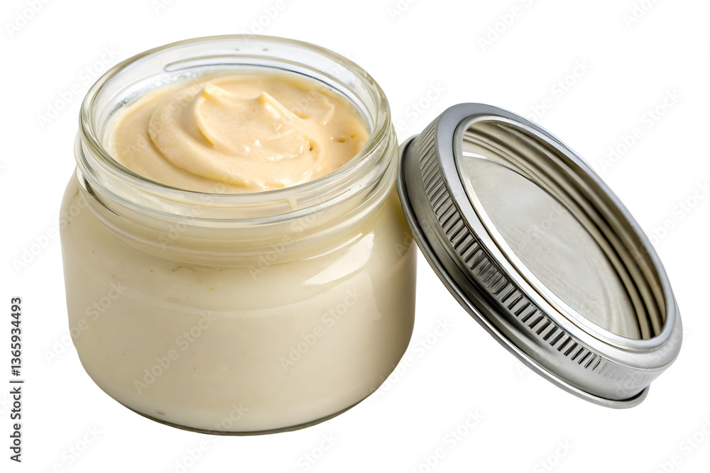 Homemade mayonnaise in a clear glass container. Homemade mayonnaise in a clear glass container.