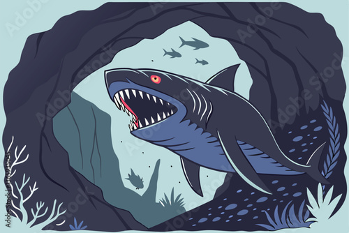 62 Fantasy dragon cave entrance, massive open maw, razor-sharp teeth, glowing red eyes, cavernous throat, rocky path, blue scales, ominous atmosphere, small figure silhouette, distant light, epic scal