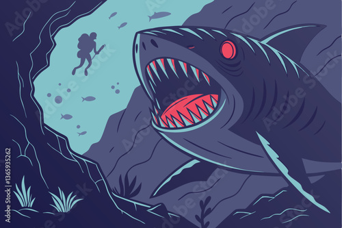 63 Terrifying sea monster, massive open jaws, sharp teeth, glowing red eyes, underwater cave, luminescent details, fantasy creature, dark atmospheric lighting, rocky cavern, digital art, hyper-detaile