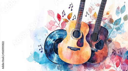 Vibrant watercolor music store banner with guitars and vinyl record. concept of artistic expression, musical harmony, creative design. copy space