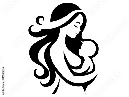 Vector illustration of a mother holding her baby in black and white silhouette. Loving mom and child, maternal bond, motherhood symbol, family love, parenting, Mother’s Day, mom and newborn logo
