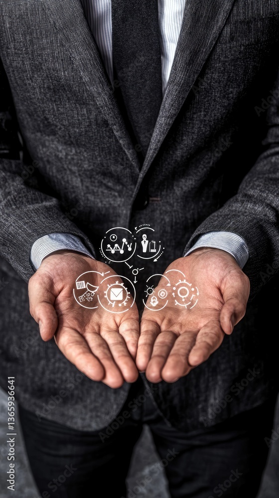 Fototapeta premium Businessman holding hands out with business diagrams