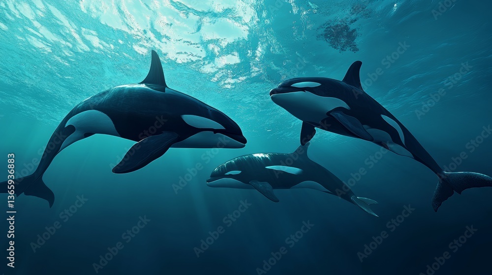 Obraz premium Orca pod swimming together, creating a dynamic and realistic ocean scene. 