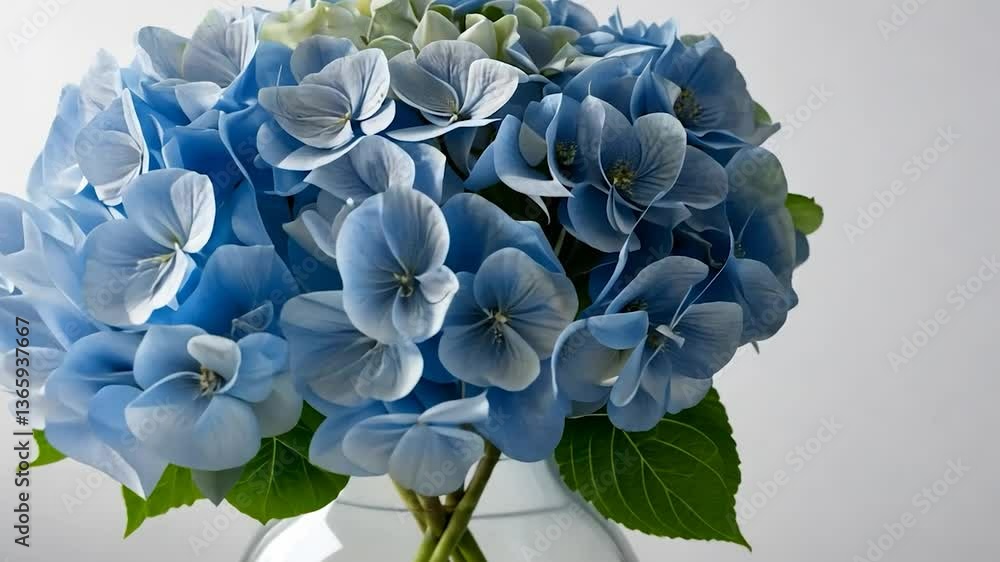 Elegant Blue Hydrangea Bouquet in Glass Vase, Floral Still Life Composition Elegant Blue Hydrangea Bouquet in Glass Vase, Floral Still Life Composition