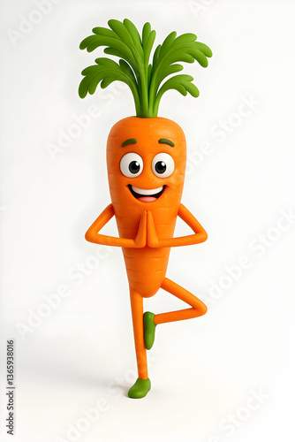 Happy carrot cartoon doing yoga tree pose on white background