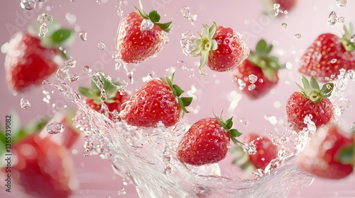 Fresh strawberries splashing in water creative food photography bright pink background close-up view culinary delight