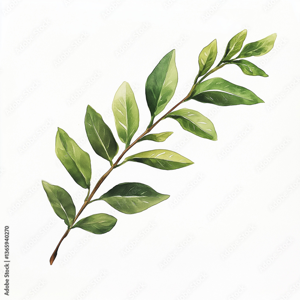 Fototapeta premium Watercolor Sketch of a Single, Perfectly Curved Green Branch with Leaves
