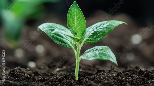 A small green plant is growing in the dirt