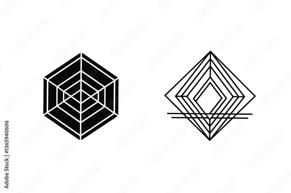 Geometric Shapes, Abstract Designs, Minimalist Line Art, Black and White, Hexagon, Diamond, Optical Geometric Shapes, Abstract Designs, Minimalist Line Art, Black and White, Hexagon, Diamond, Optical