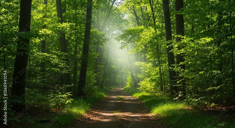 Obraz premium Serene Sunlight Dappled Path Through Lush Green Forest Tranquil Nature Scene