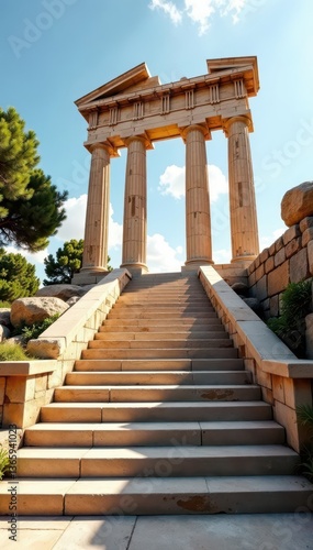 Imposing marble stairway leading to a weathered Greek temple , stock photo, ruin, ancient