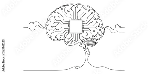 Robot brain artificial intelligence continuous single line art drawing sketch on white background