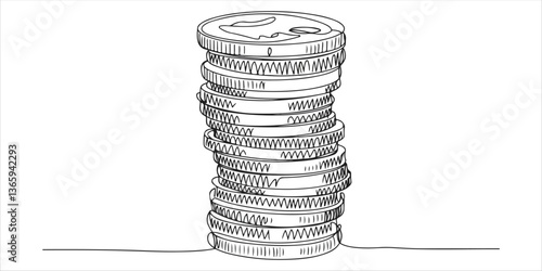 Coin stack continuous single line art drawing sketch on white background