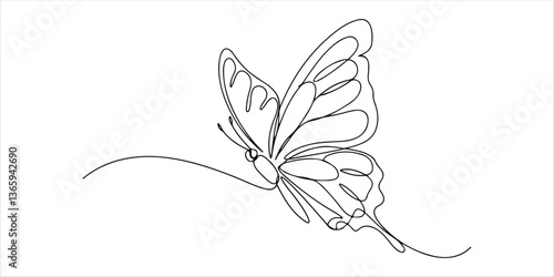 Butterfly flying continuous single line art drawing sketch on white background