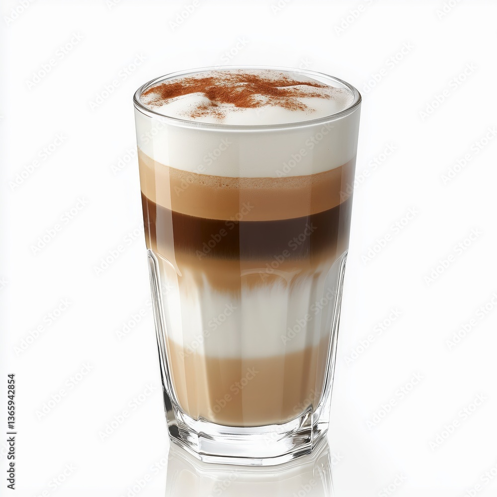 Layered latte macchiato in clear glass with cinnamon topping, highlighting rich textures and colors Layered latte macchiato in clear glass with cinnamon topping, highlighting rich textures and colors