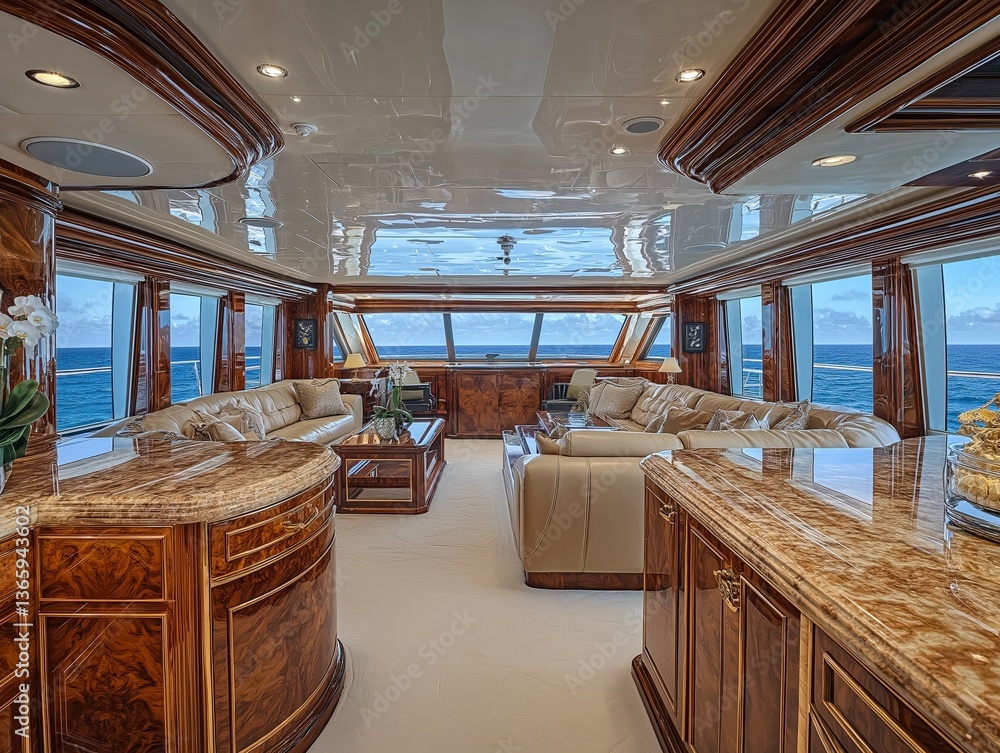 Fototapeta premium Luxurious yacht interior with polished wood and ocean views