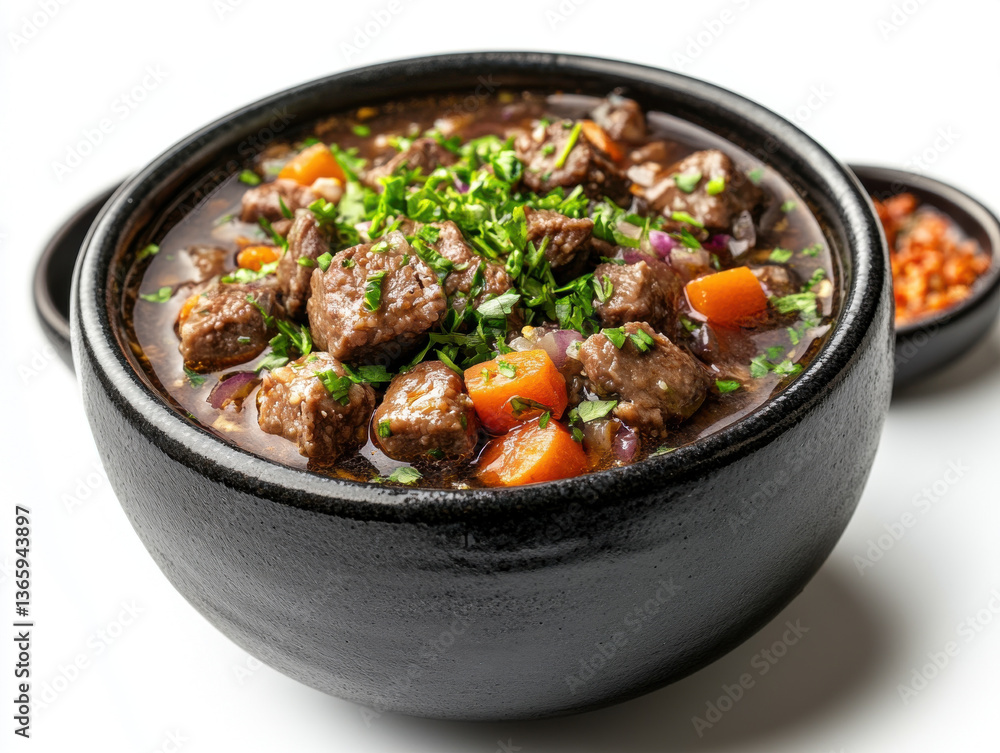 hearty beef stew served in traditional black bowl, garnished with fresh herbs and vegetables, showcasing rich and savory broth. dish evokes warmth and comfort, perfect for sharing hearty beef stew served in traditional black bowl, garnished with fresh herbs and vegetables, showcasing rich and savory broth. dish evokes warmth and comfort, perfect for sharing
