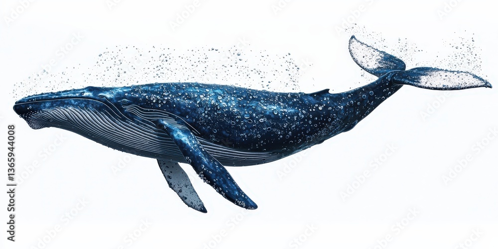 Majestic blue whale swimming underwater with bubbles, marine life illustration Majestic blue whale swimming underwater with bubbles, marine life illustration
