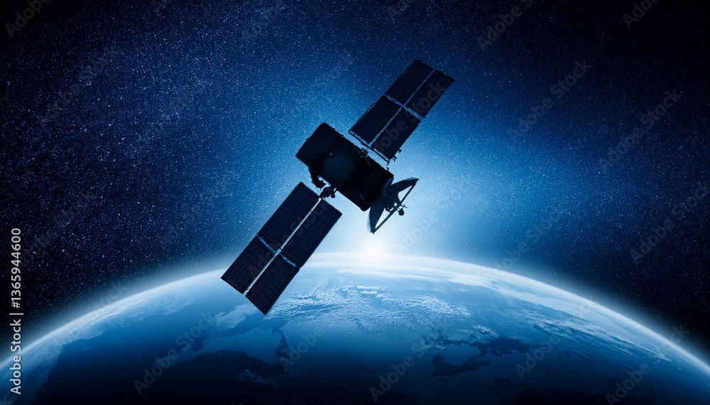 Fototapeta premium Silhouette of a satellite floating against the backdrop of the Earth