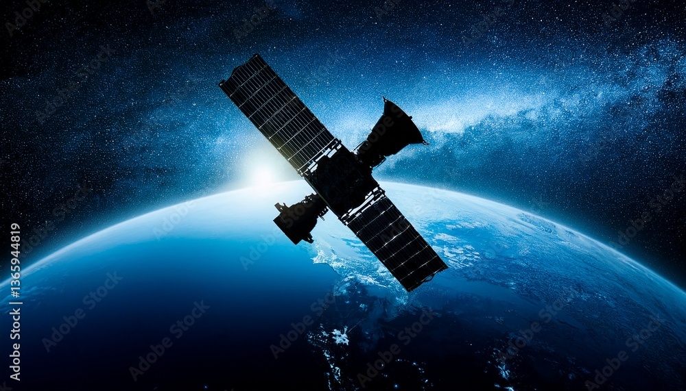 Fototapeta premium Silhouette of a satellite floating against the backdrop of the Earth