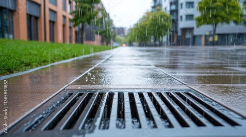 Urban street drainage system on rainy day