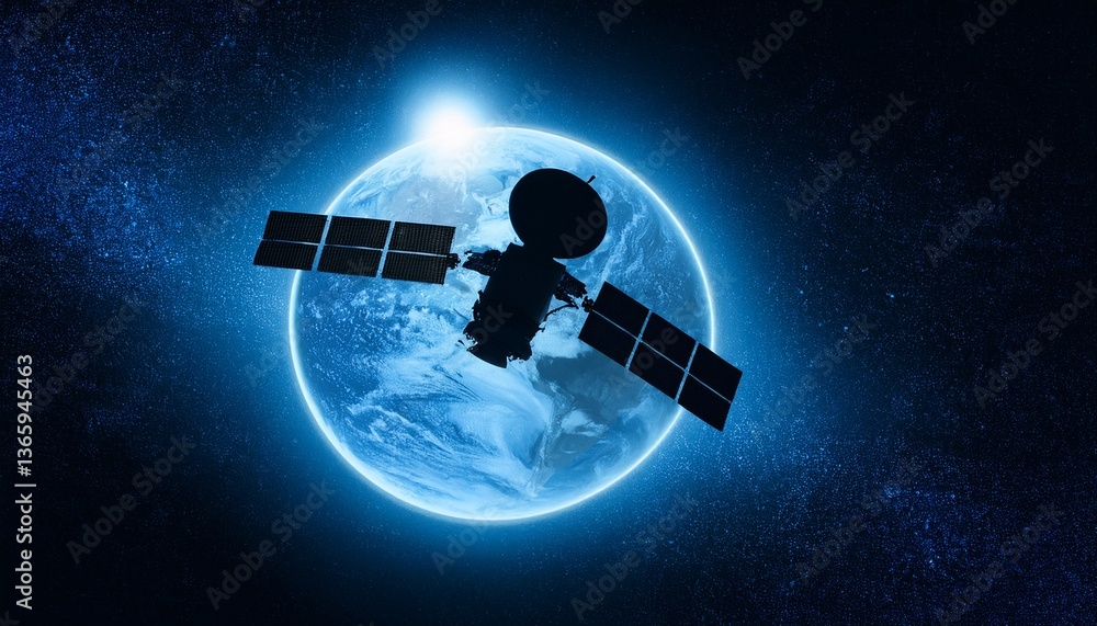 Fototapeta premium Silhouette of a satellite floating against the backdrop of the Earth
