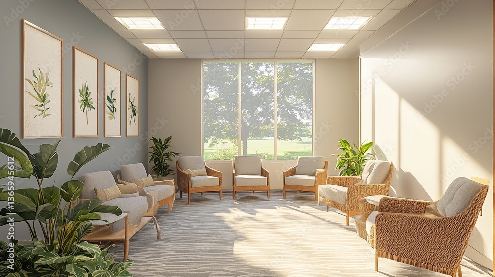 Fototapeta premium Modern bright waiting room with natural light, comfortable seating and botanical decor