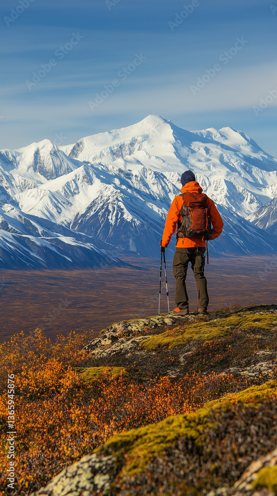 Fototapeta premium Adventurous Hiker Exploring Breathtaking Snow-Capped Mountain Landscape in Autumn, Wearing Backpack and Trekking Gear – Outdoor Travel, Wilderness Trekking, Nature Exploration, Hiking Adventure