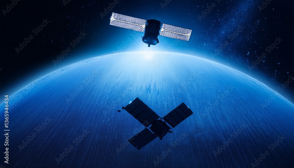Obraz premium Silhouette of a satellite floating against the backdrop of the Earth