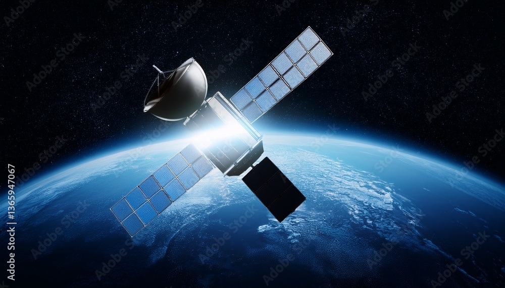Fototapeta premium Silhouette of a satellite floating against the backdrop of the Earth