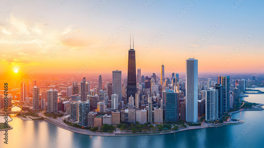 Fototapeta premium Chicago Skyline Sunset Panorama View