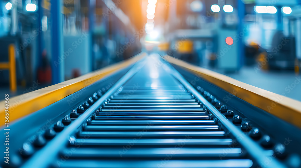 A close-up view of a conveyor belt in a factory, showcasing the metallic tracks and an industrial setting with blurred background lights.