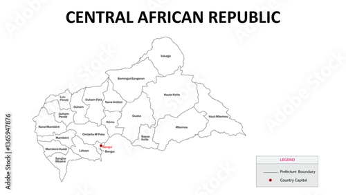 Central African Republic Map. State and district map of Central African Republic. Administrative map of Central African Republic with states and boundaries in white color.