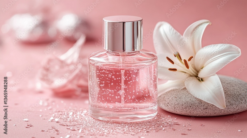 Pink perfume bottle with lily