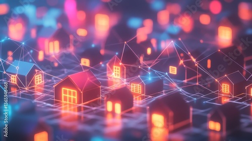 A futuristic model of a smart city with glowing orange and blue network connections linking small houses. This image visualizes the concept of a connected urban environment, ideal for technology and