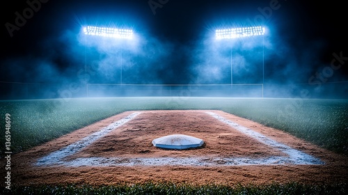 Baseball field under bright stadium lights at night time