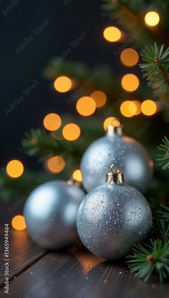 Elegant silver ornaments, bokeh lights, festive background, background, festive, holiday ornaments Elegant silver ornaments, bokeh lights, festive background, background, festive, holiday ornaments