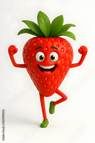 Smiling strawberry cartoon character posing joyfully on white background