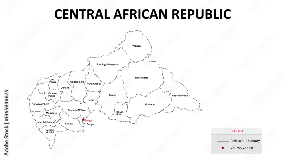 Fototapeta premium Central African Republic Map. State and district map of Central African Republic. Administrative map of Central African Republic with states and boundaries in white color.