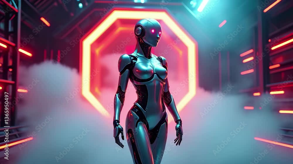 The robot stands in a high-tech environment filled with smoke and light effects. The robot stands in a high-tech environment filled with smoke and light effects.