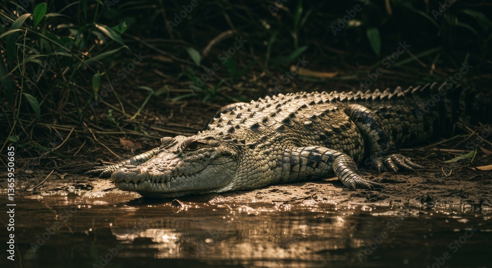 Fototapeta premium Majestic Crocodile Resting Peacefully on the Riverbank in the Jungle