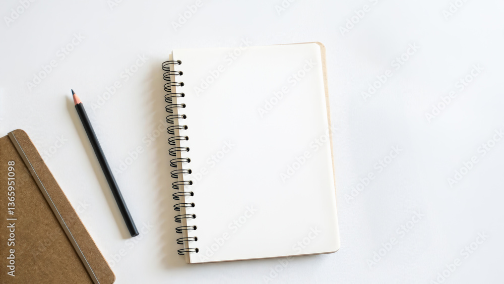 Flat lay of a blank notebook on a white desk with minimal stationery, copy space, business planning focus. Flat lay of a blank notebook on a white desk with minimal stationery, copy space, business planning focus.