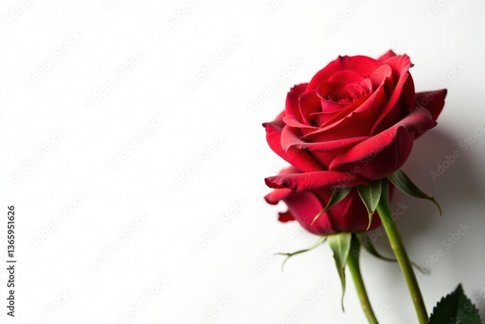 Fototapeta premium Drooping scarlet roses, pure white background, flower, stem, macro