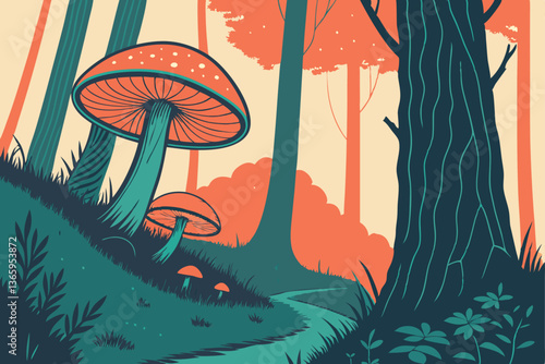 69 Enchanted forest, giant glowing mushrooms, ethereal mist, bioluminescent fungi, dark towering trees, mystical atmosphere, fantasy landscape, vibrant orange and teal color palette, magical forest fl