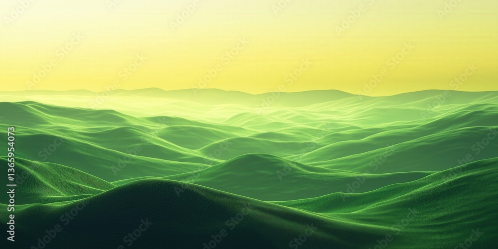 Serene rolling green hills under a soft yellow sky - tranquil landscape illustration Serene rolling green hills under a soft yellow sky - tranquil landscape illustration