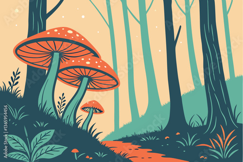 69 Enchanted forest, giant glowing mushrooms, ethereal mist, bioluminescent fungi, dark towering trees, mystical atmosphere, fantasy landscape, vibrant orange and teal color palette, magical forest fl