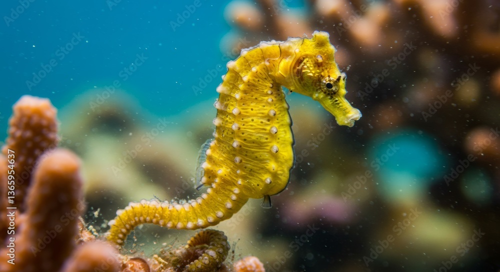 Graceful seahorse dancing through a vibrant underwater ecosystem of coral reefs Graceful seahorse dancing through a vibrant underwater ecosystem of coral reefs